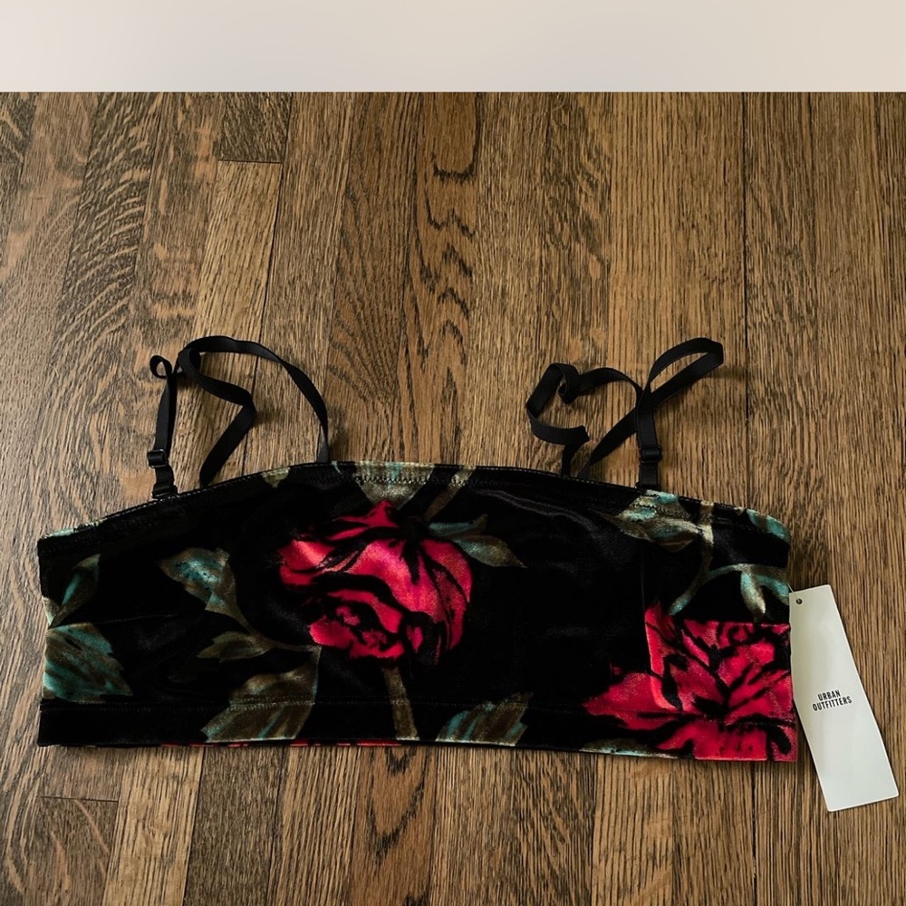 Urban Outfitters Black Velvet Floral Bandeau Bralette
